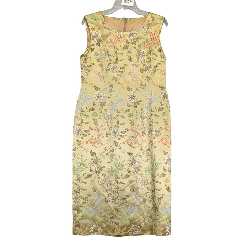 Gold Dragon Phoenix Brocade Sheath Midi‎ Dress Sz 10 Shimmer Asian Chinoiserie